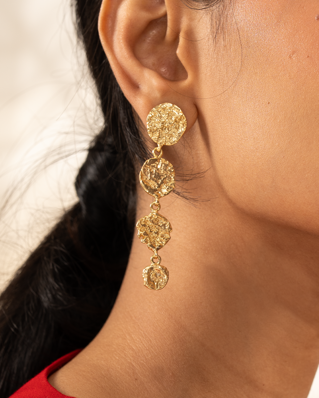 Gold Hammered Disk Dangle Earrings