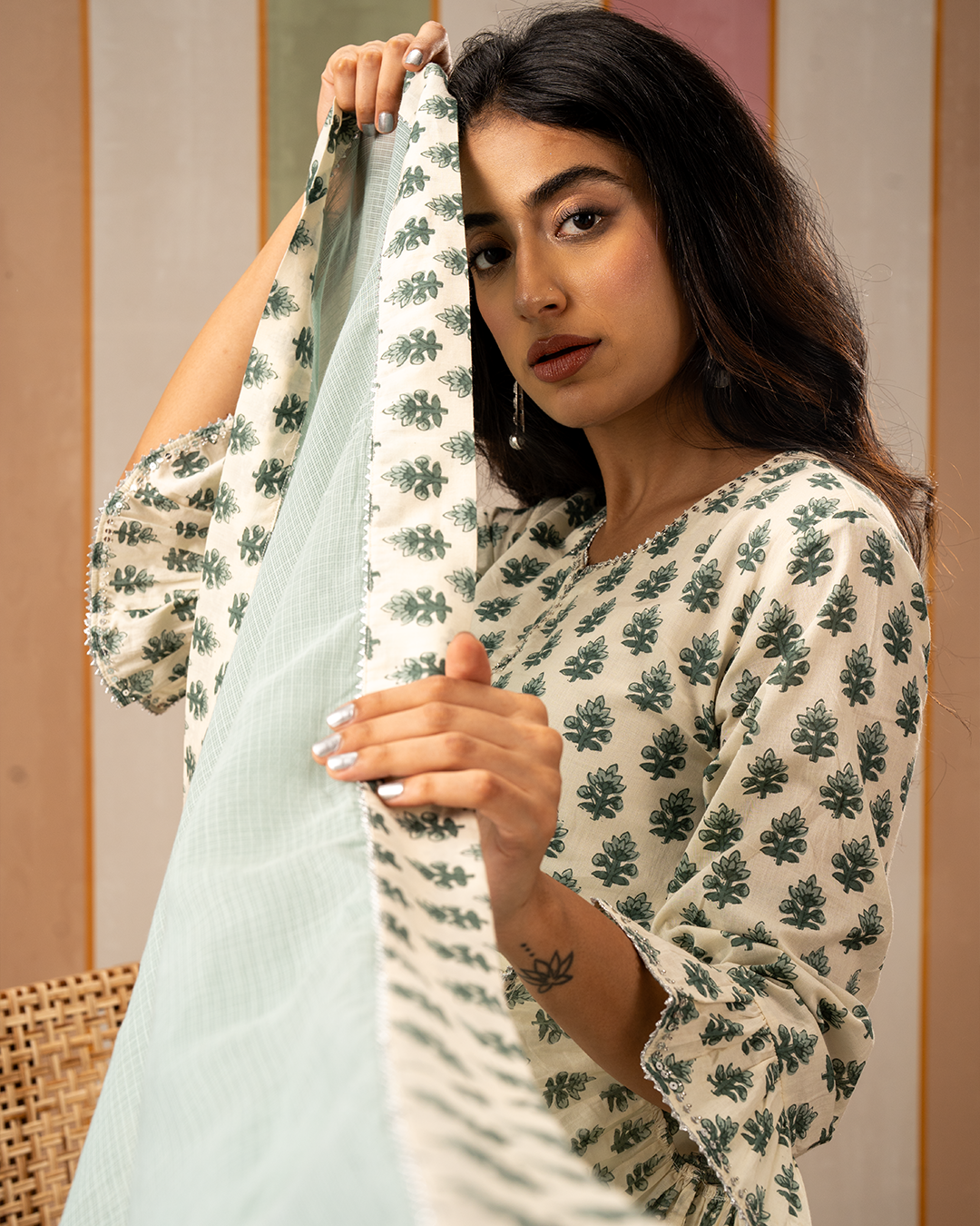 Sea Green and White Printed Flare Long Kurta Set
