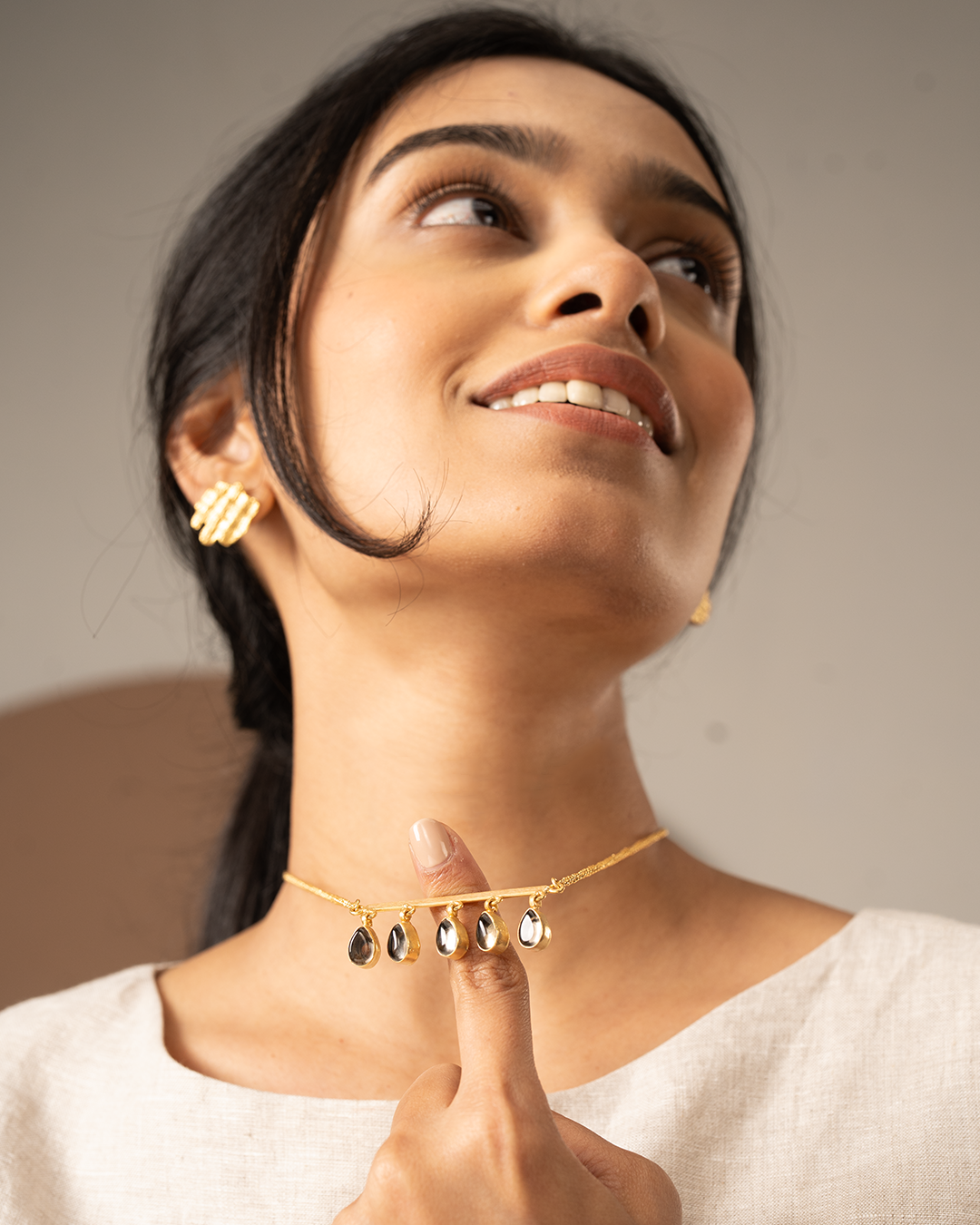 Gold Black Stone Bar Drop Necklace