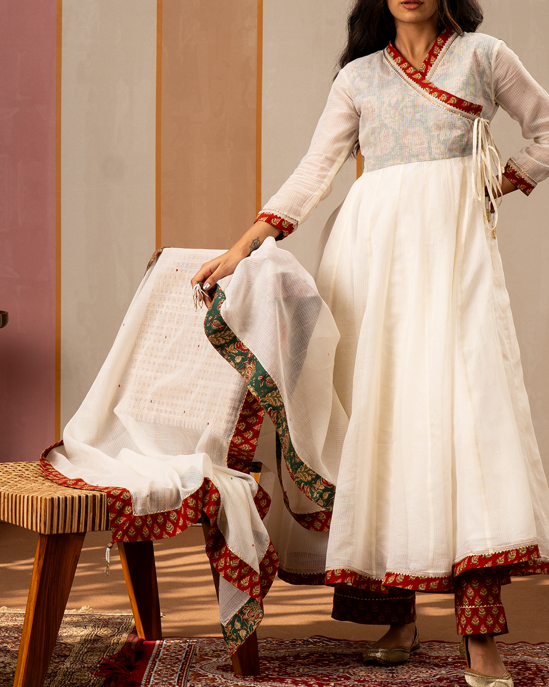 Off White Solid Doria Dupatta with Blockprint Border