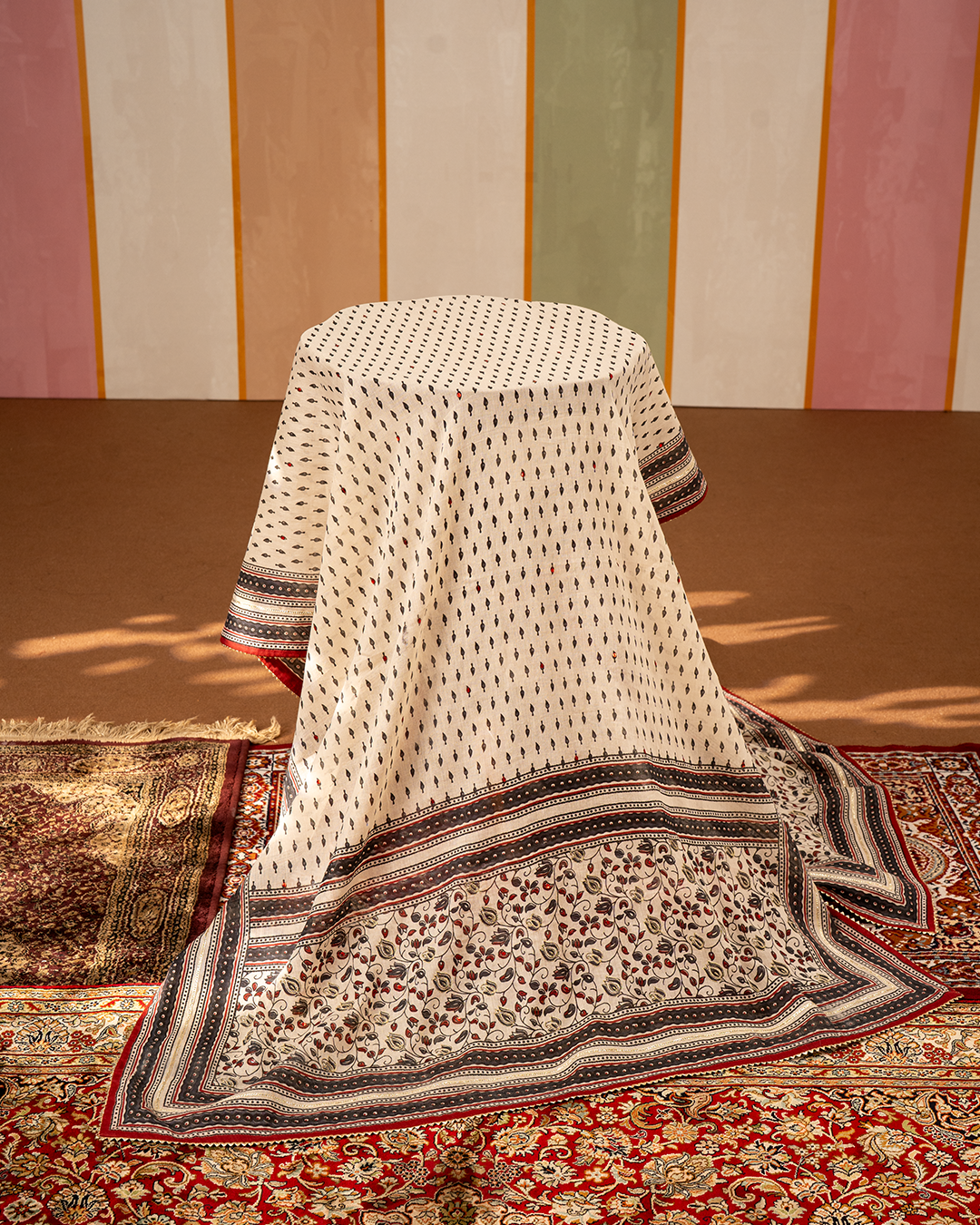 White Blockprint Cotton Dupatta with Embroidery