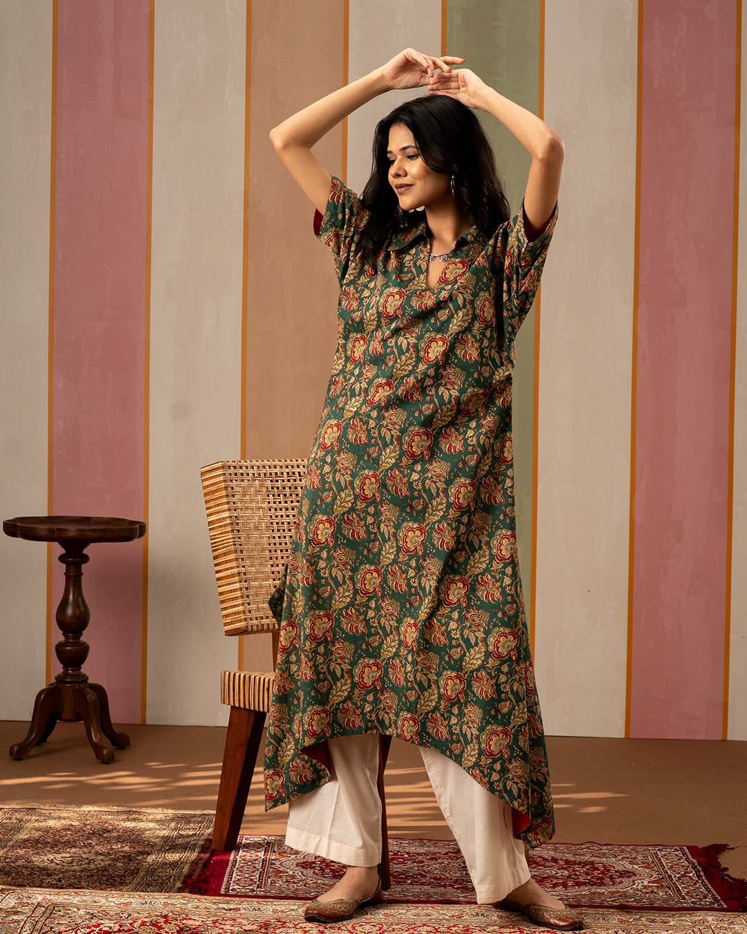 Green Printed Cotton Kaftan Kurta Set