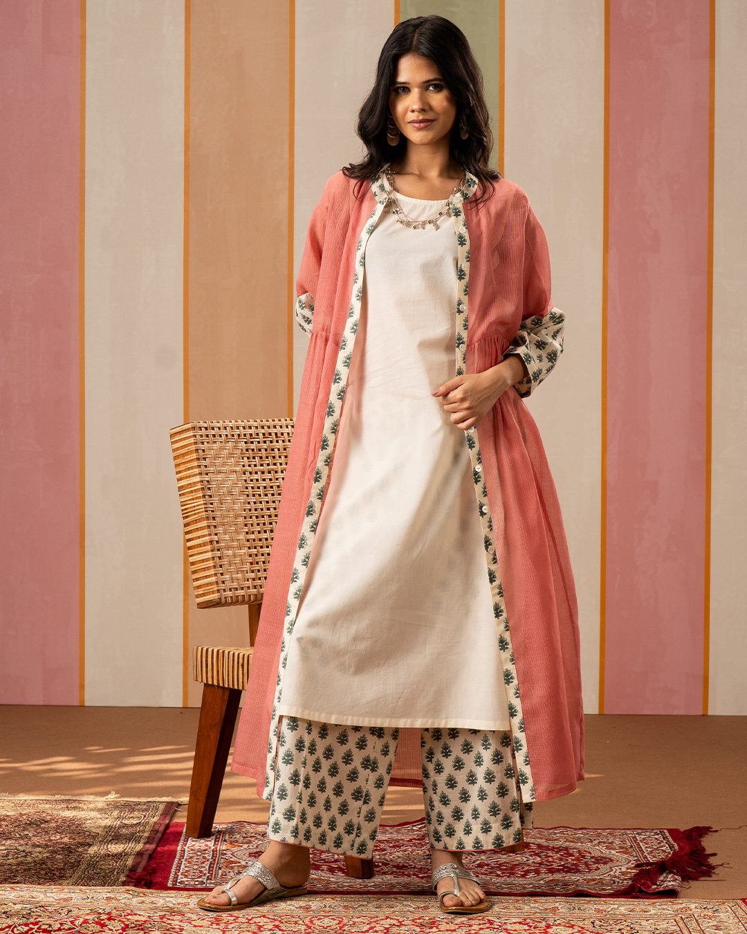 Pink and White Cotton Doria Kurta
