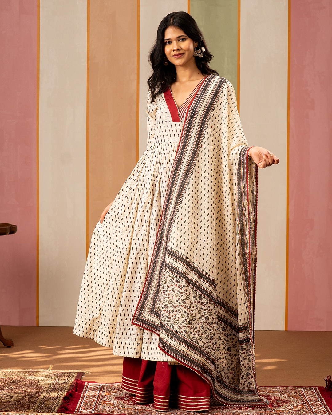 White Printed Cotton Flare Kurta Set