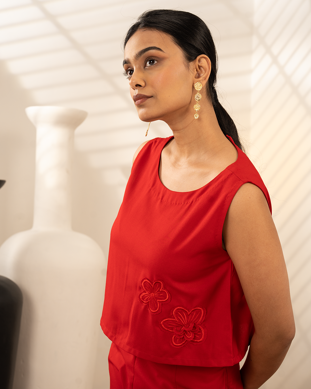 Red Cotton Flower Applique Crop Top