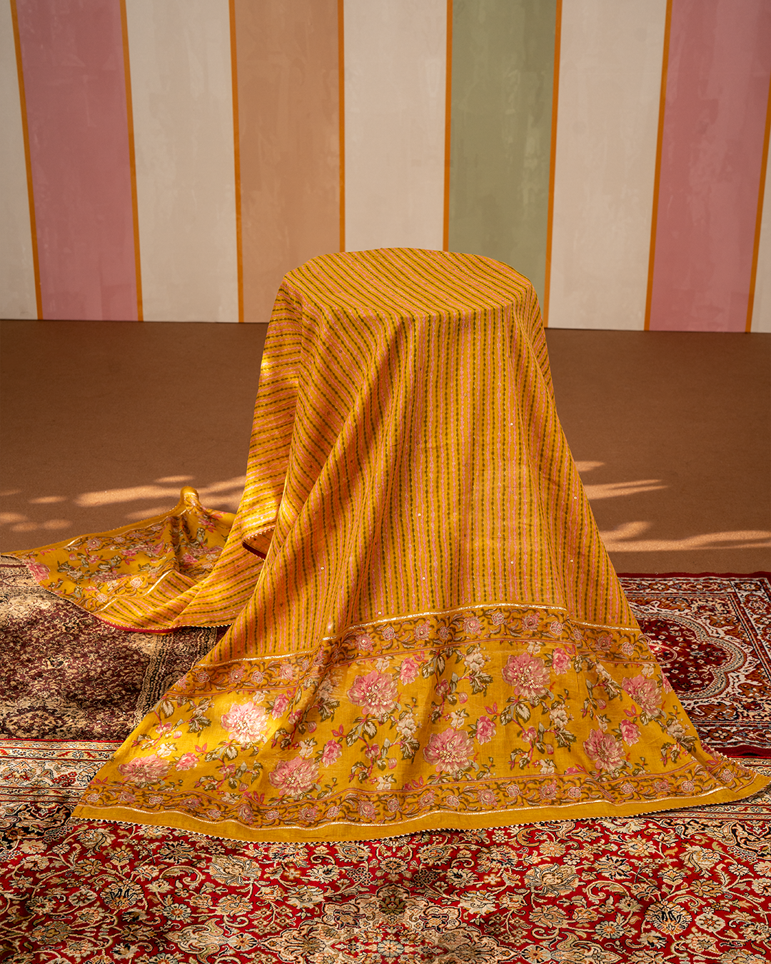 Yellow Blockprint Cotton Dupatta with Embroidery