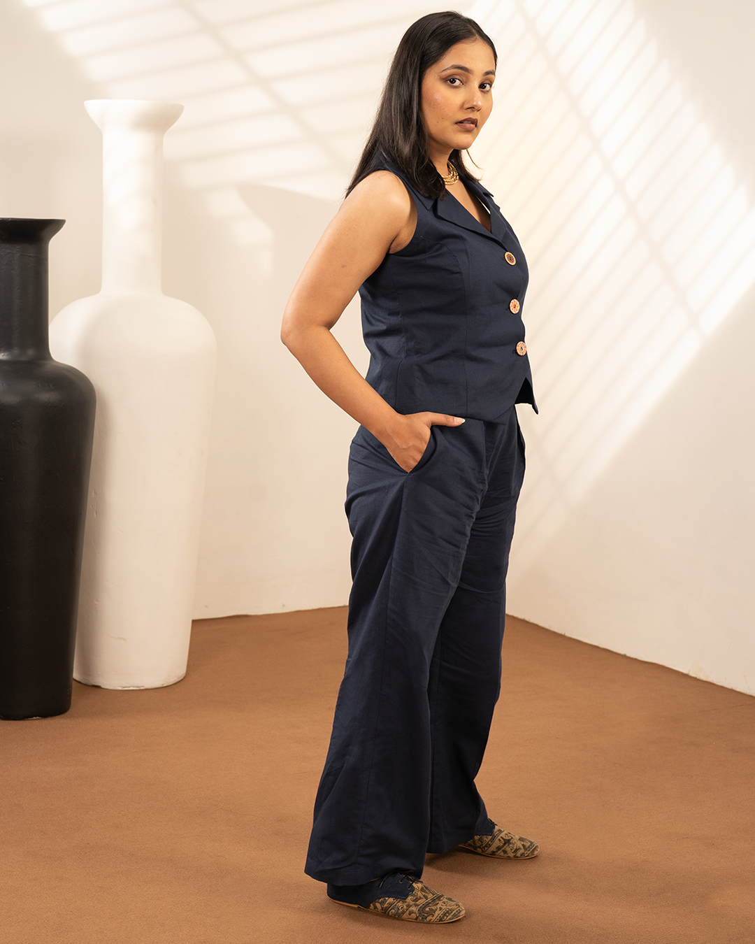 Blue Linen Waistcoat Coord Set