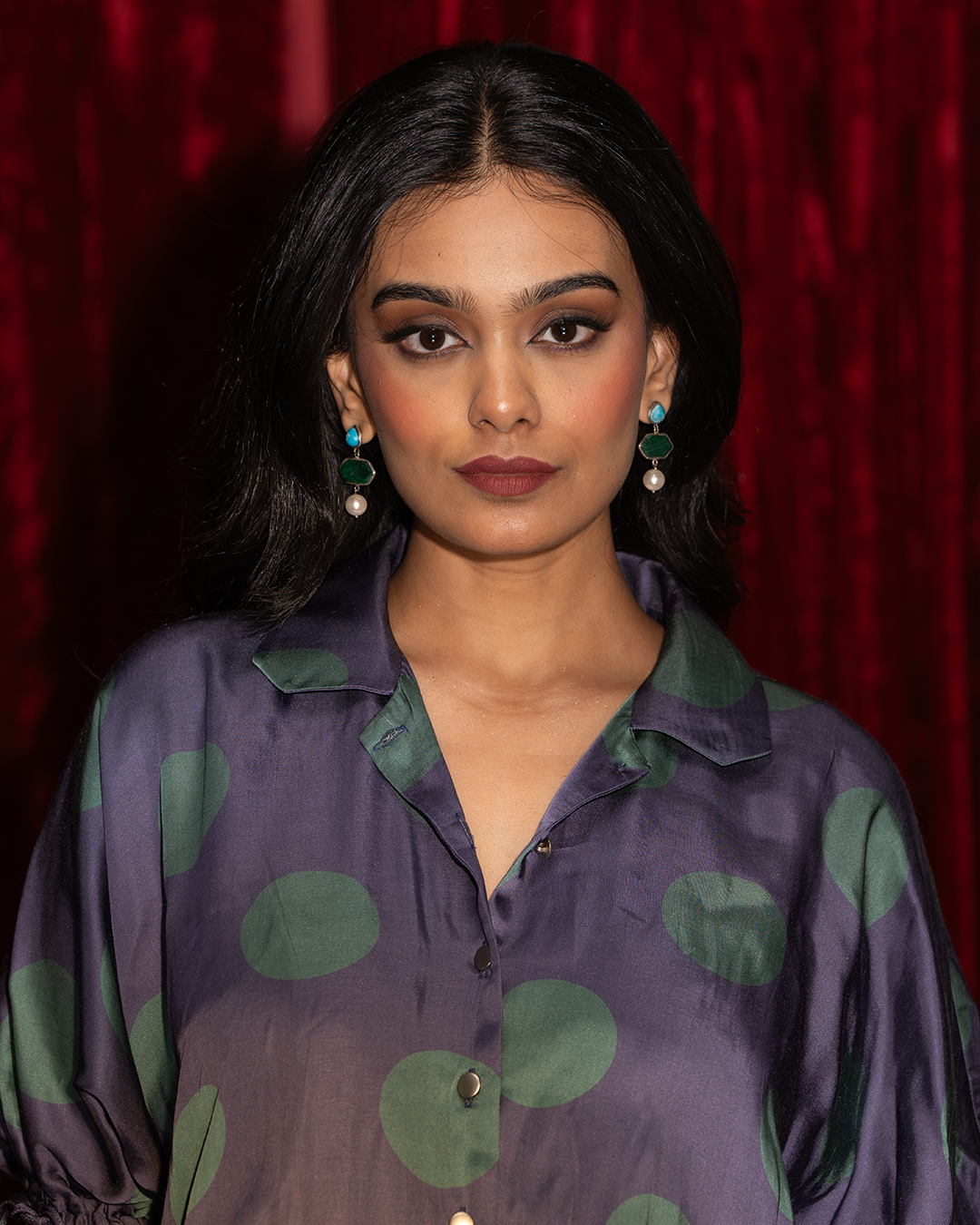 Blue Polka Dot Satin Kaftan Shirt
