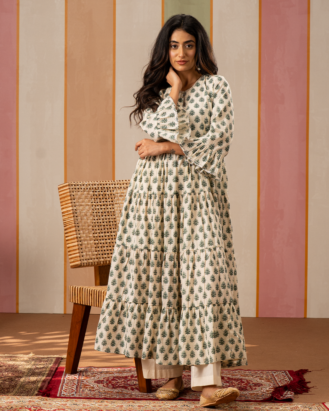 Sea Green and White Blockprint Flare Long Kurta