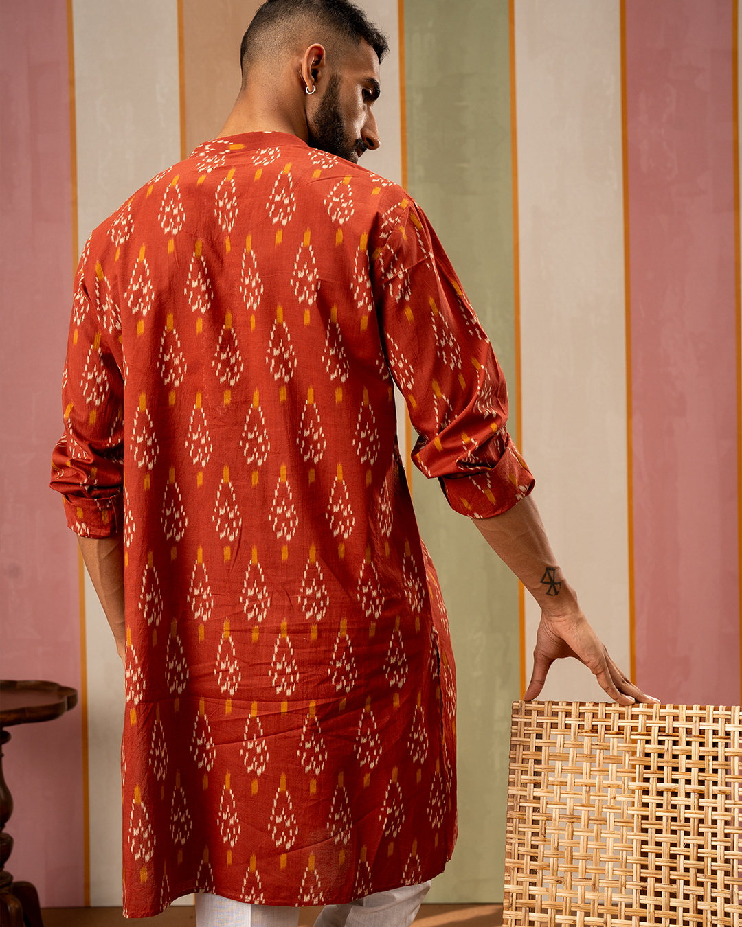 Rust Ikat Printed Cotton Kurta With Embroidery