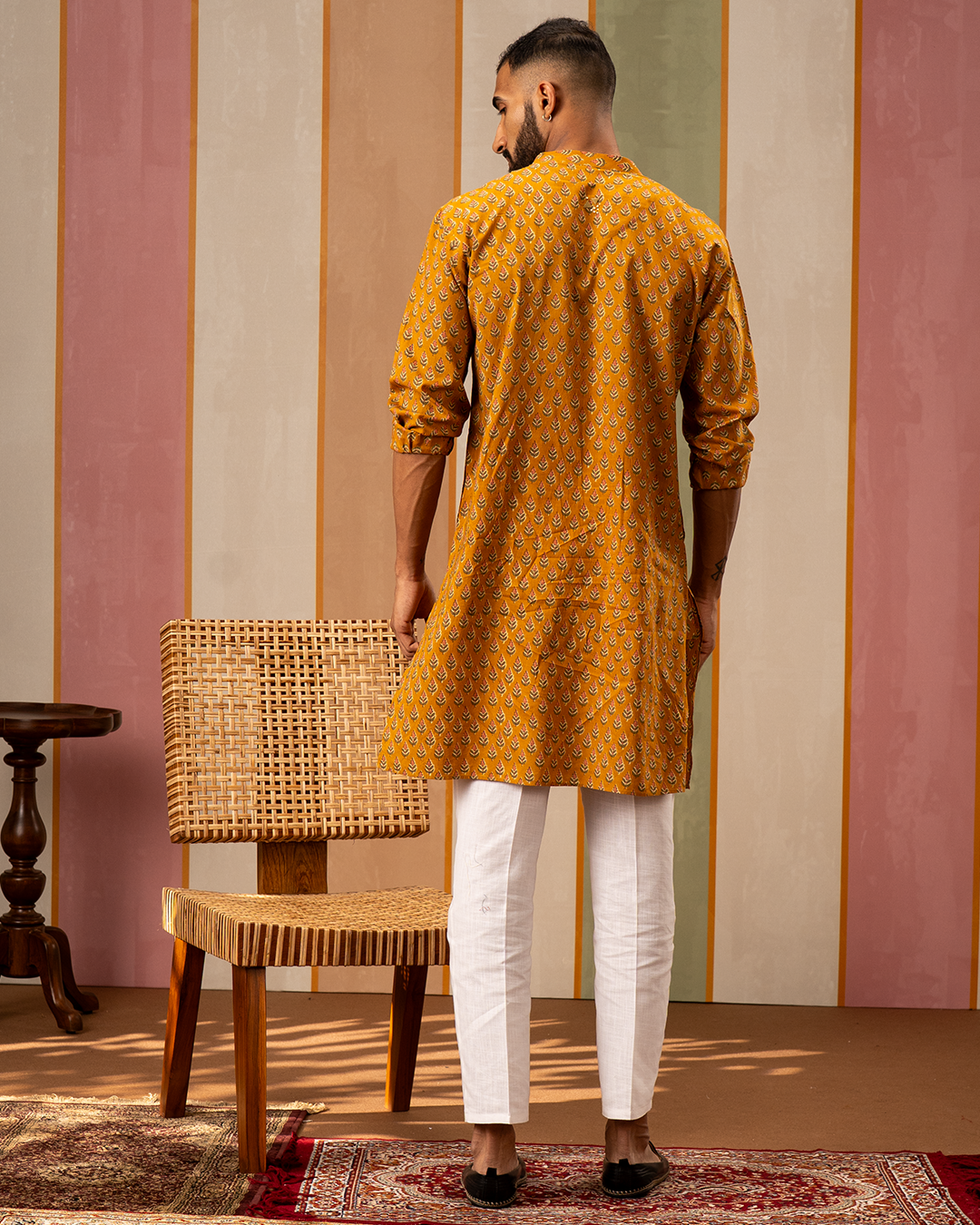 Yellow Blockprint Cotton Kurta With Embroidery