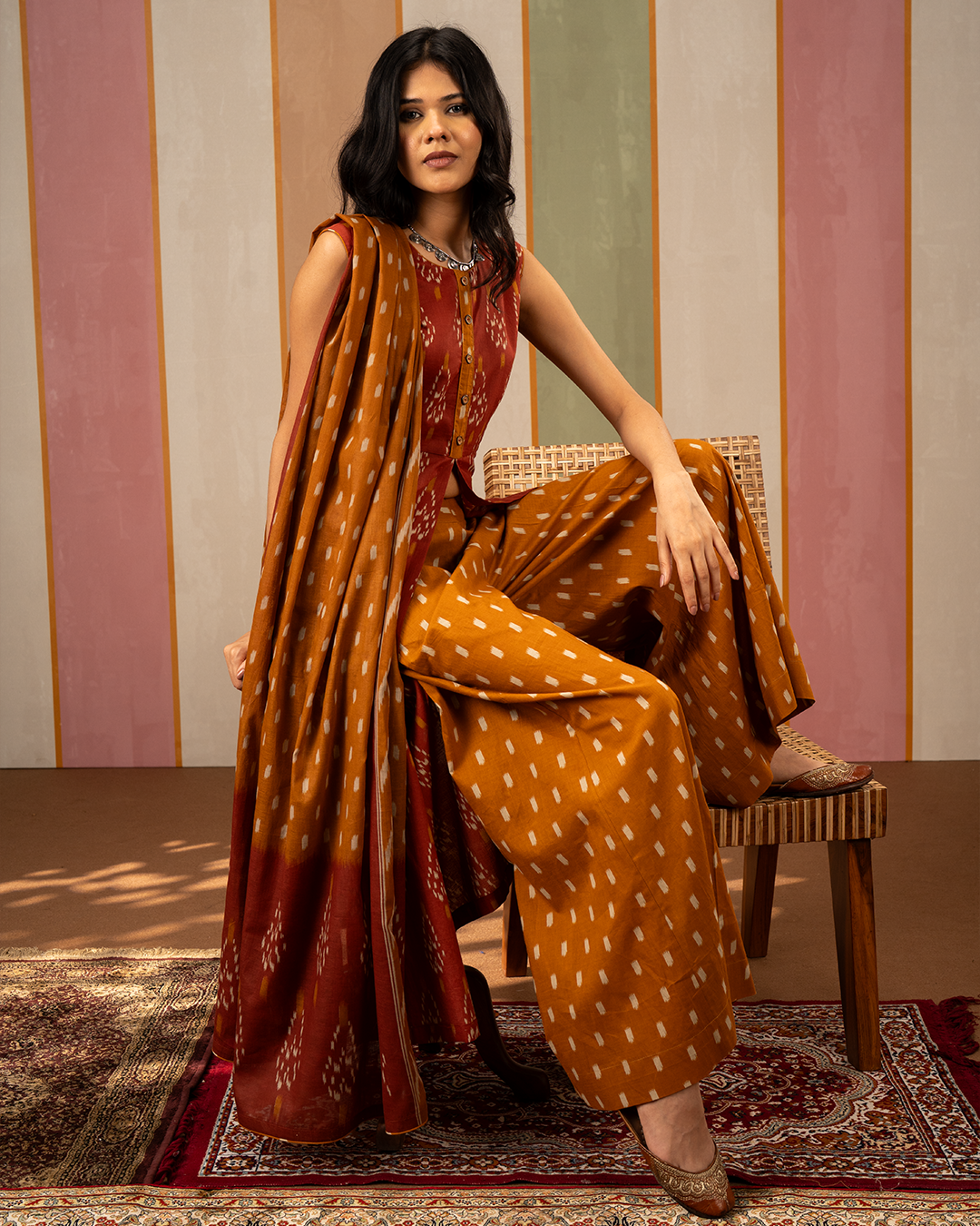 Rust and Mustard Ikat Cotton Printed Kurta Set