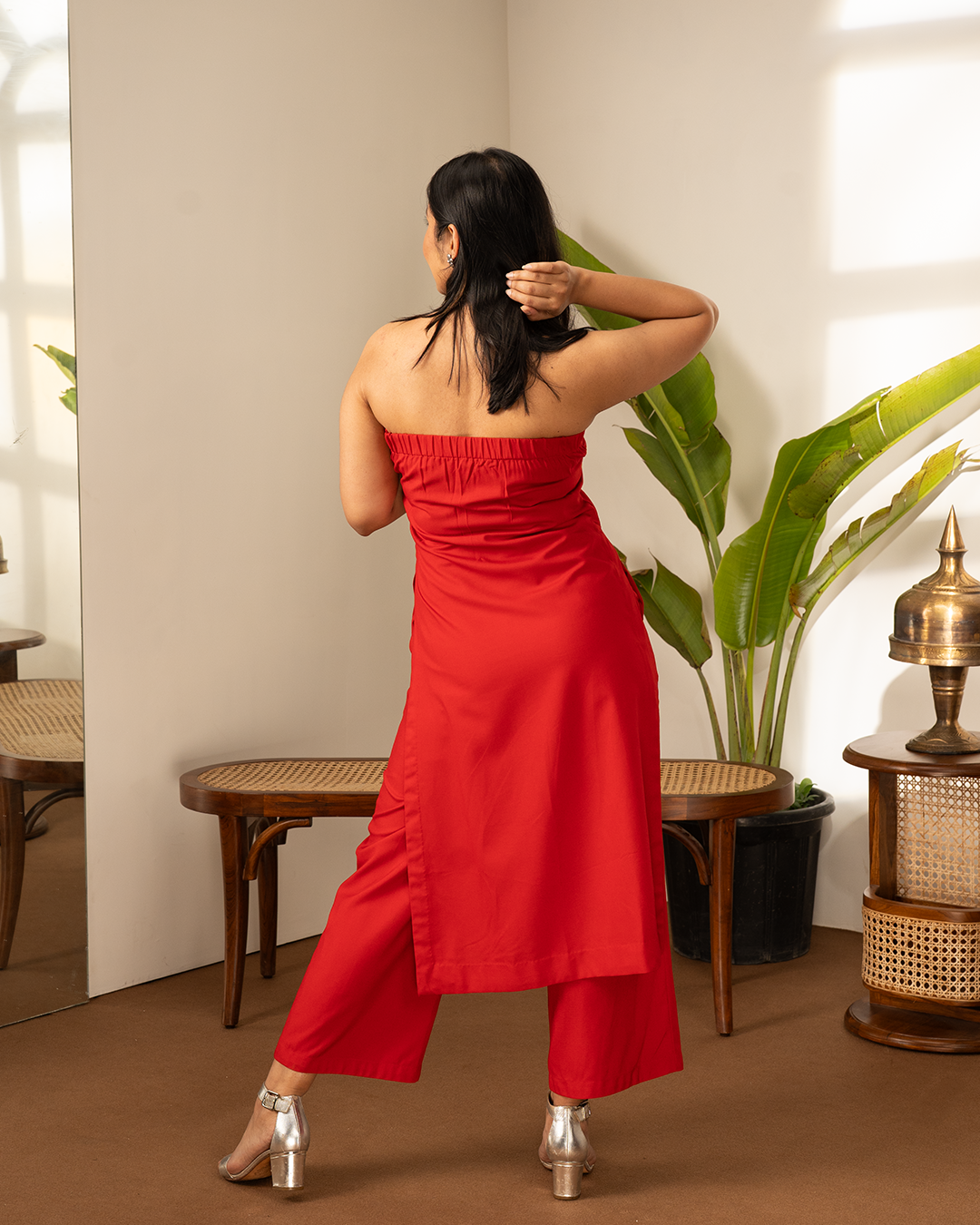 Red Cotton Flower Applique Indowestern Set