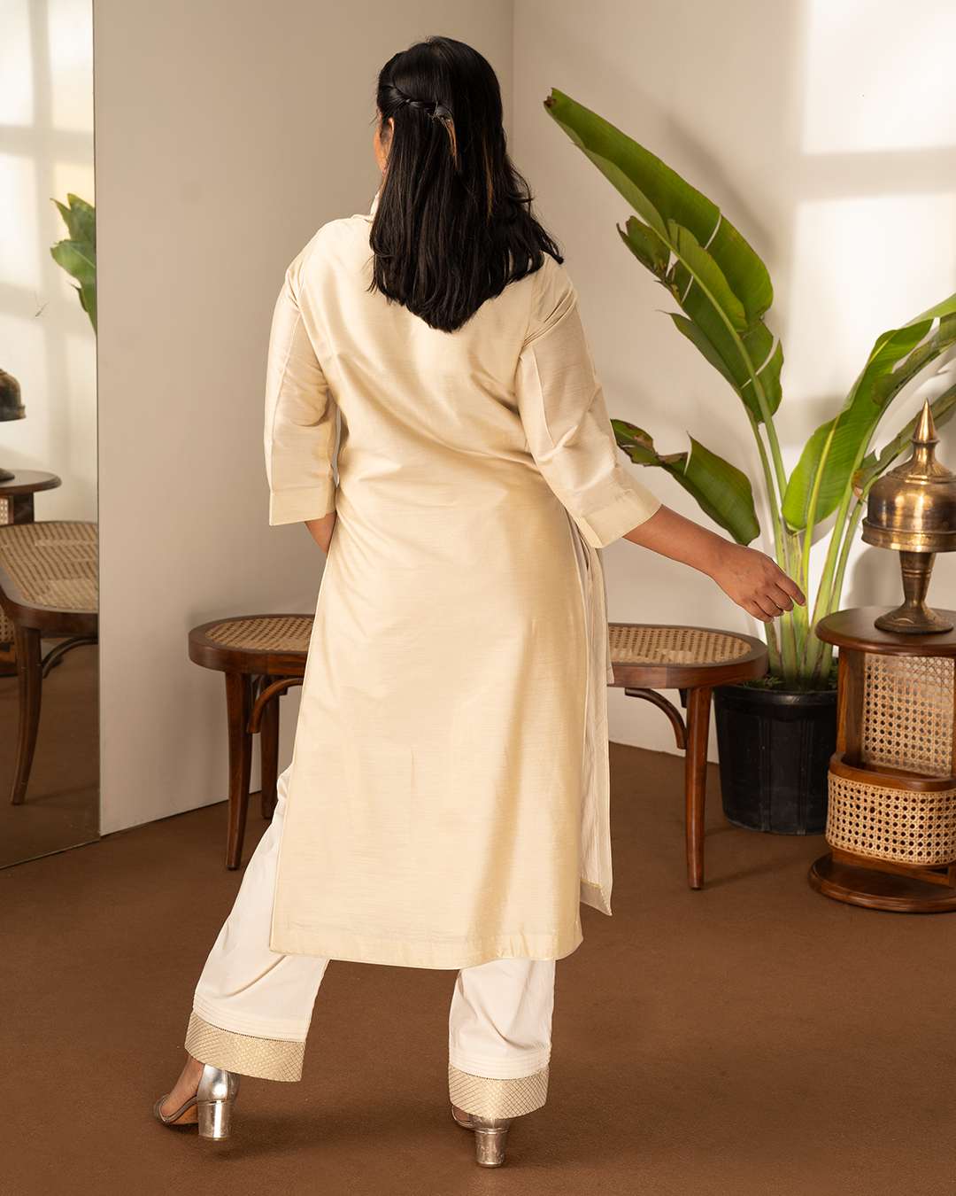 Beige Cotton Silk Tissue Straight Kurta