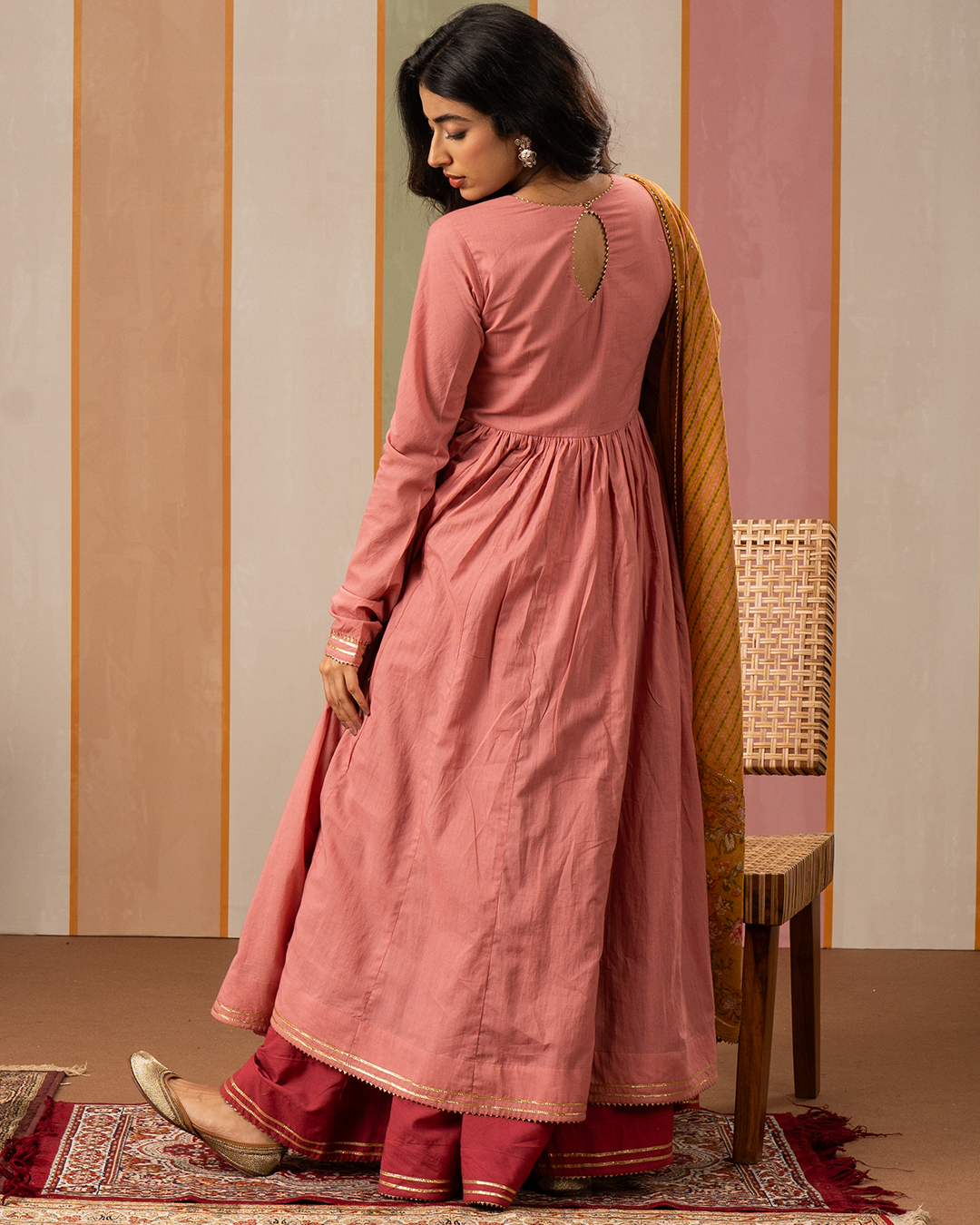 Pink Solid Cotton Flare Kurta