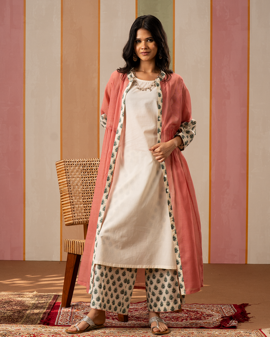 Pink and White Printed Cotton Doria Kurta Set