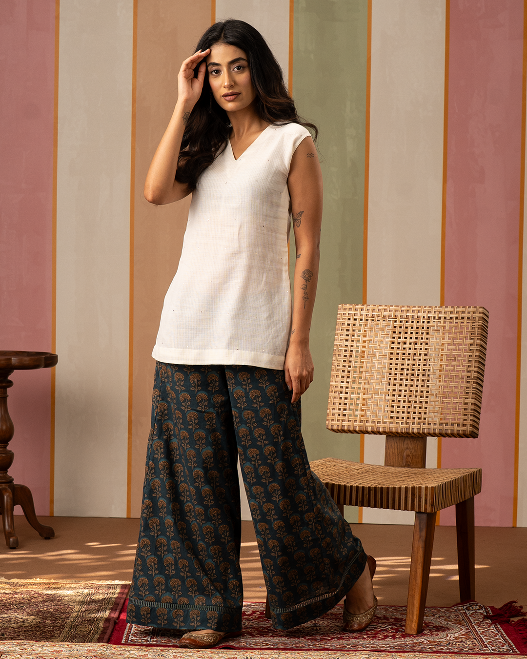 White and Blue Blockprint Cotton Doria Coord Set