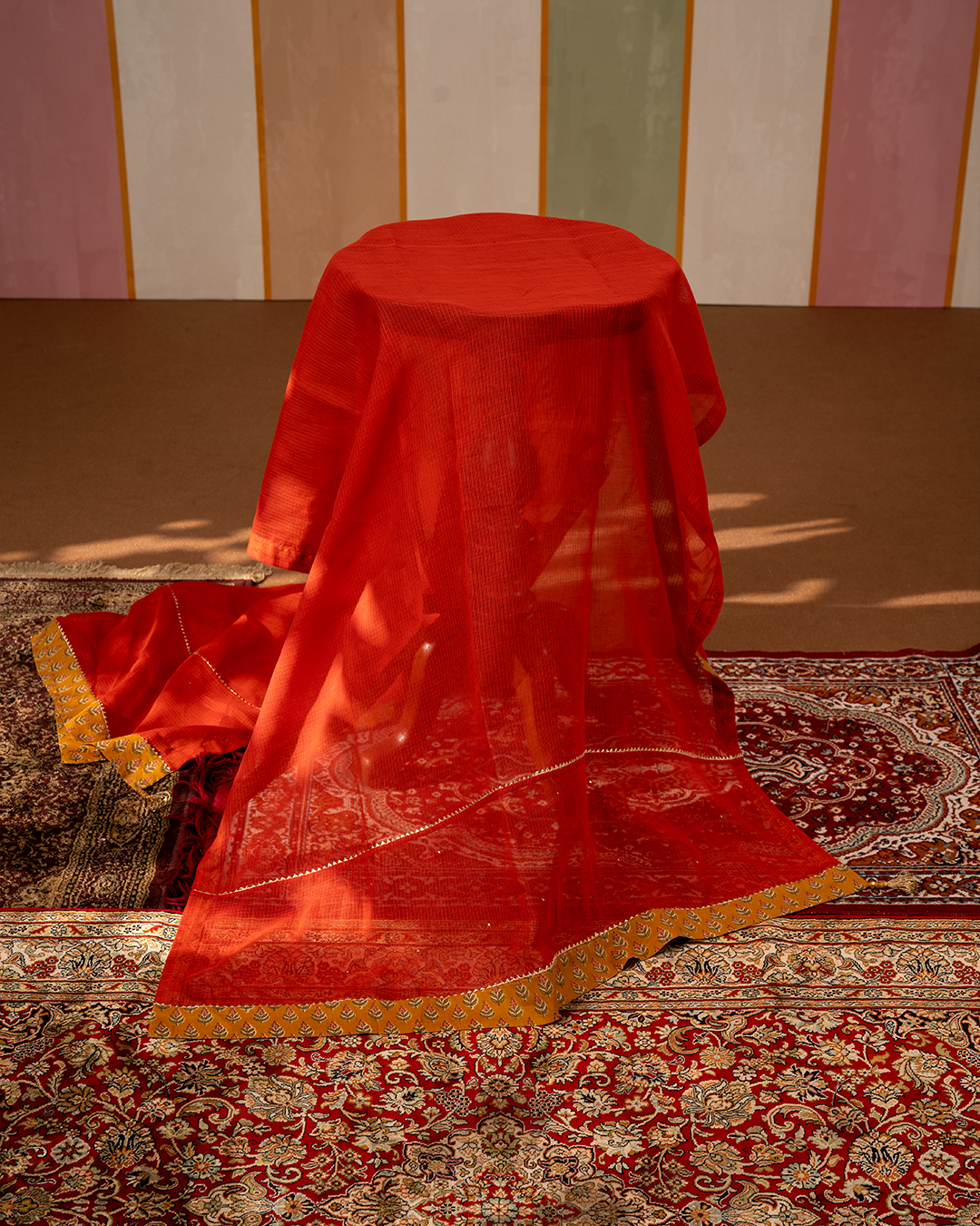 Red Solid Doria Dupatta with Gota and Blockprint Border