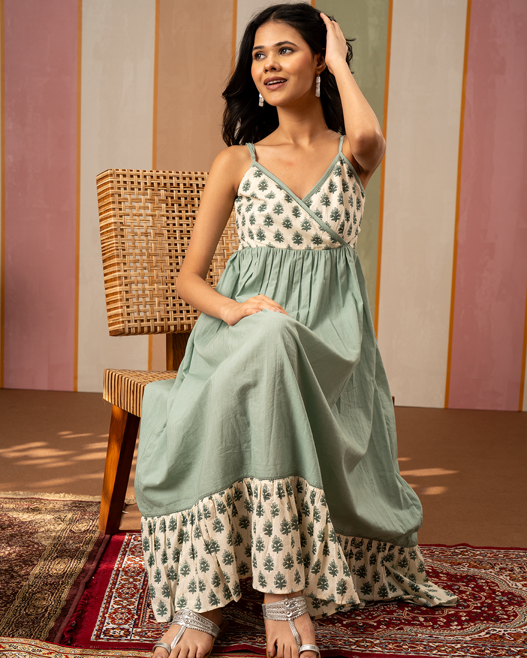 Sea Green Blockprint Cotton Flare Midi Dress