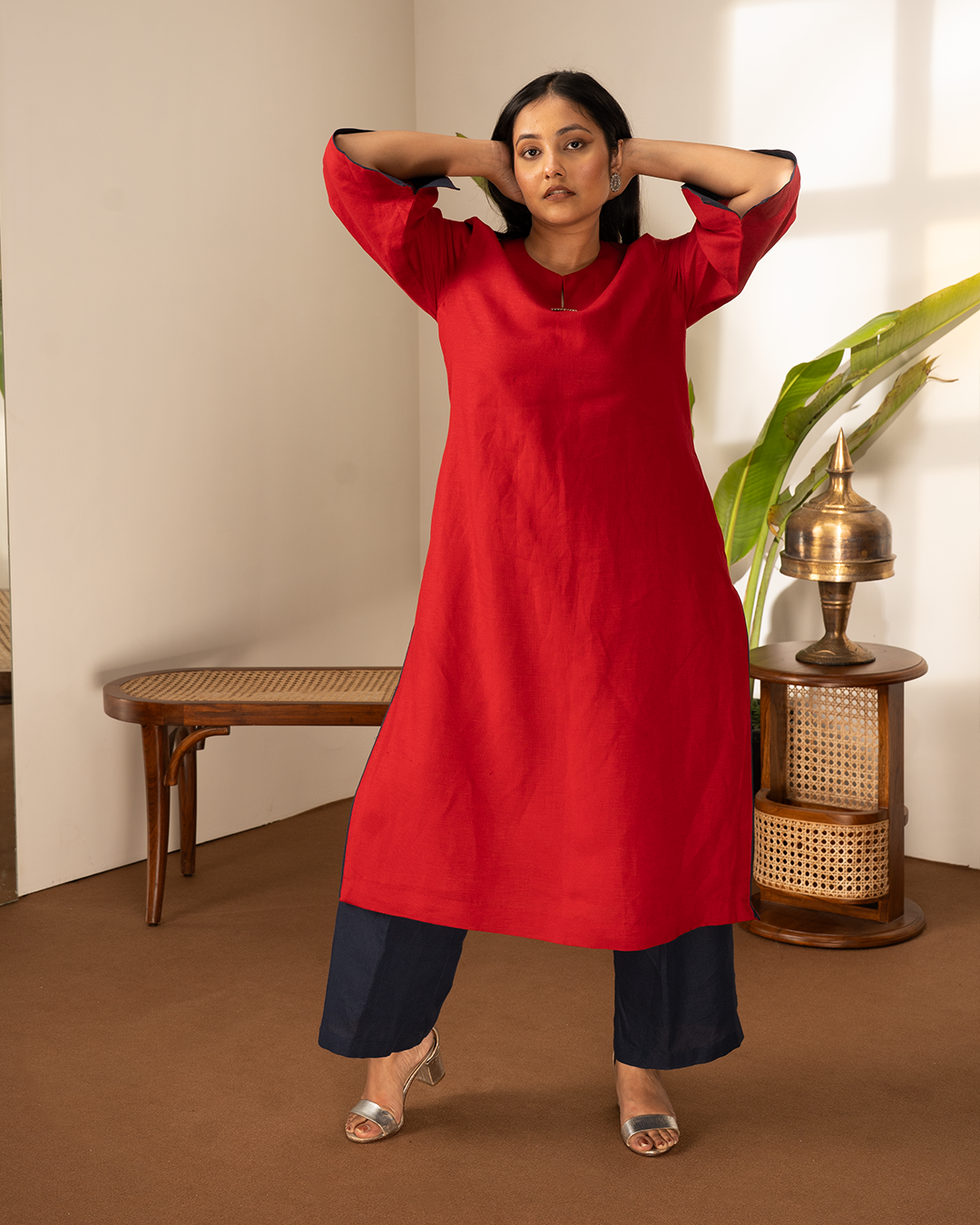 Red Blue Linen Asymmetrical Kurta