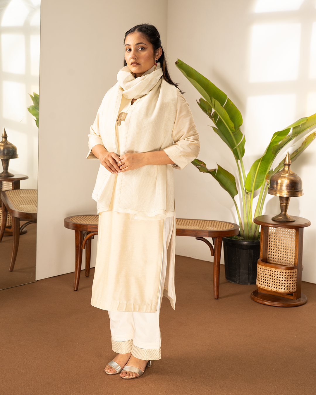 Beige Cotton Silk Tissue Kurta 3-Piece Set