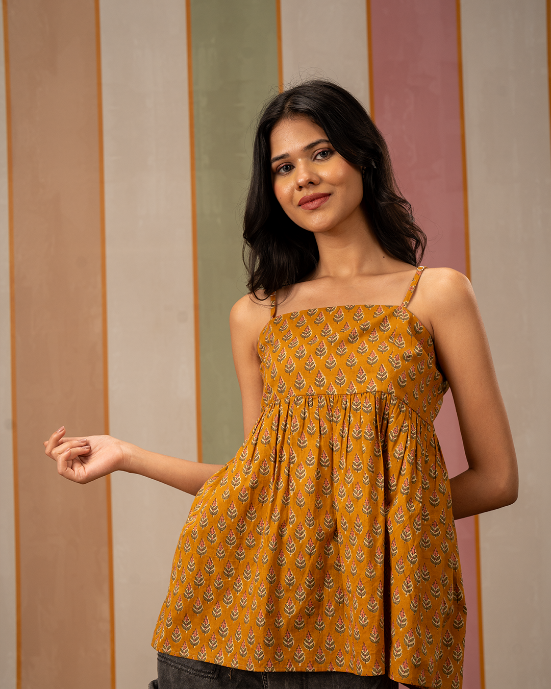 Yellow Blockprint Cotton Peplum Strap Top