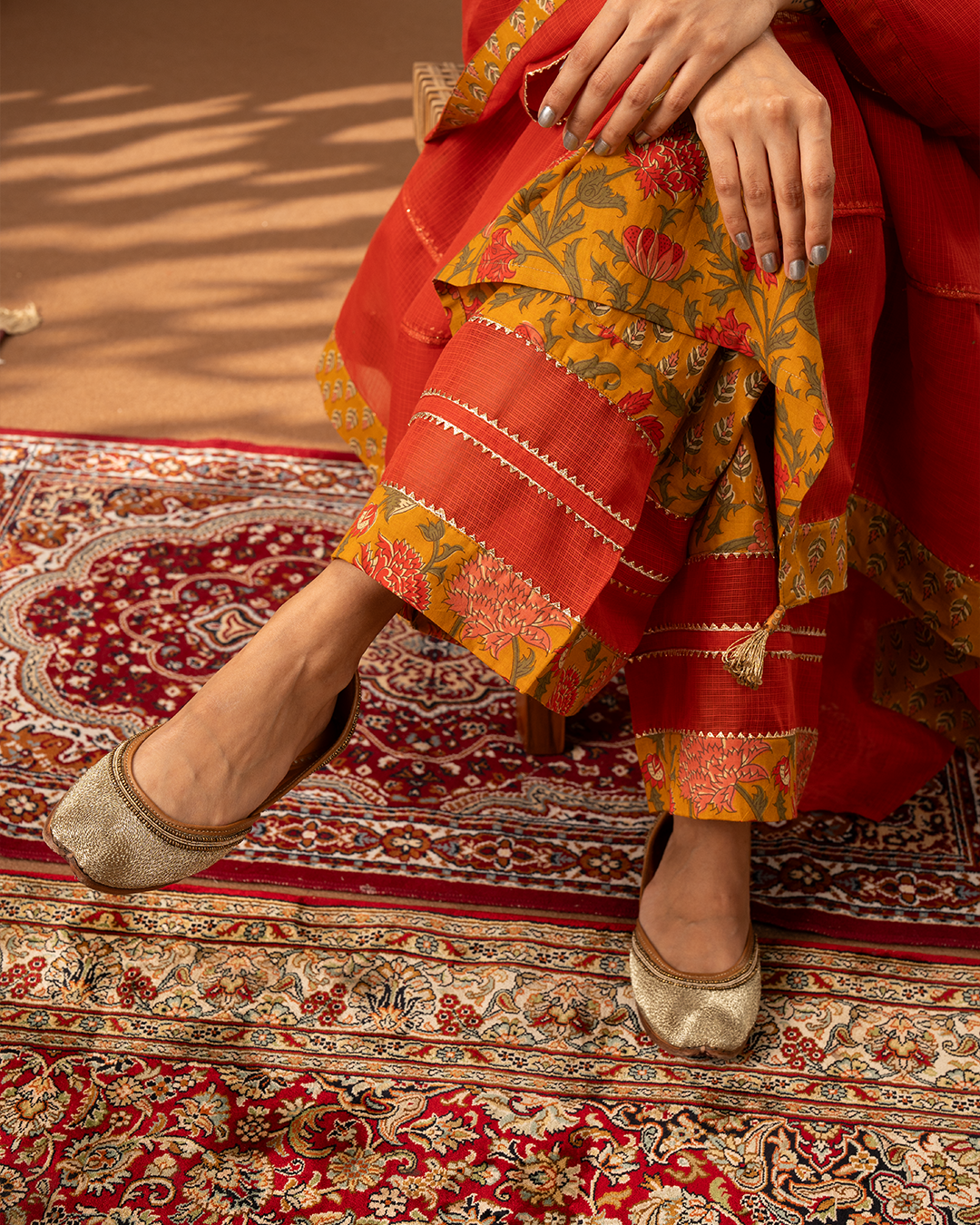 Red and Yellow Blockprint Cotton Doria Pants with Gota