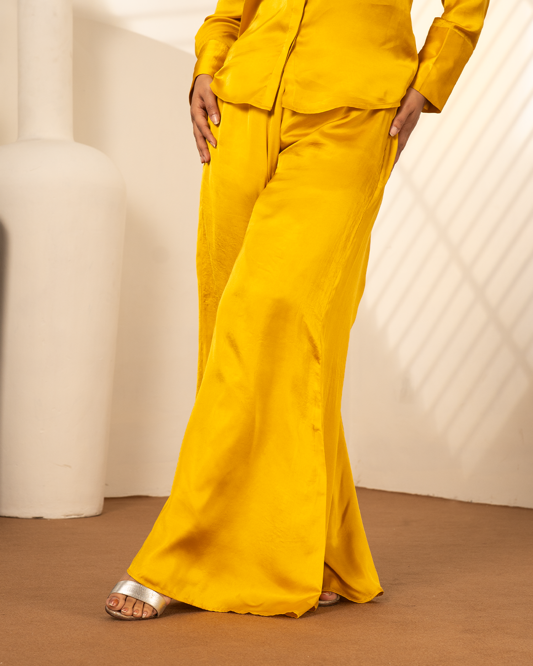 Ochre Yellow Satin Flare Palazzo Pants