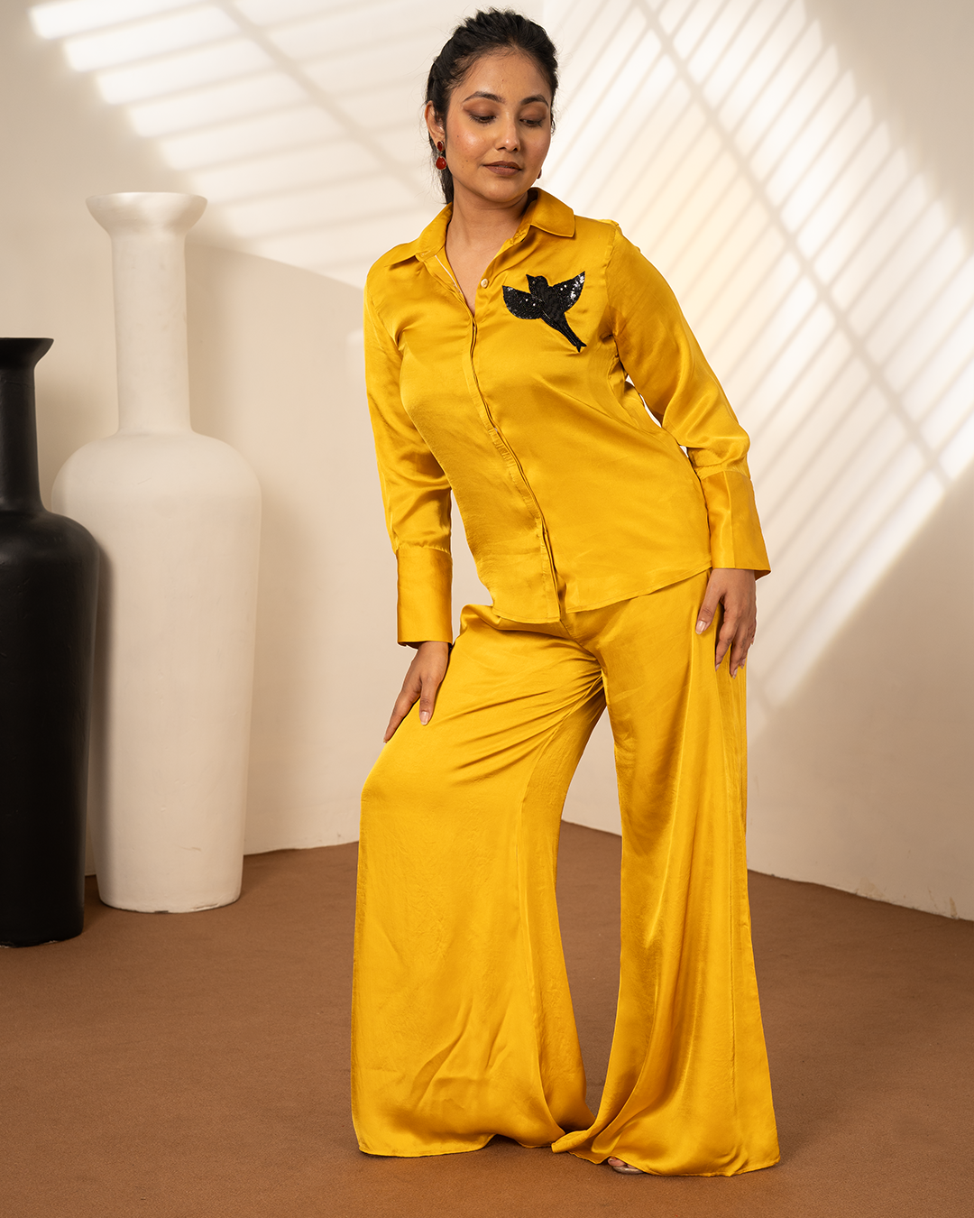 Ochre Yellow Satin Shirt Coord Set