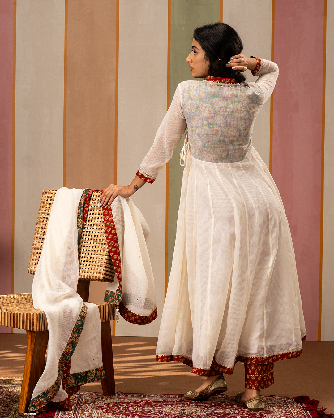 Off White Solid Doria Angrakha Kurta Set