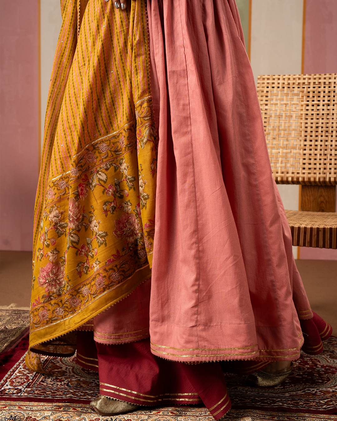 Pink Solid Cotton Flare Kurta Set with Printed Yellow Dupatta