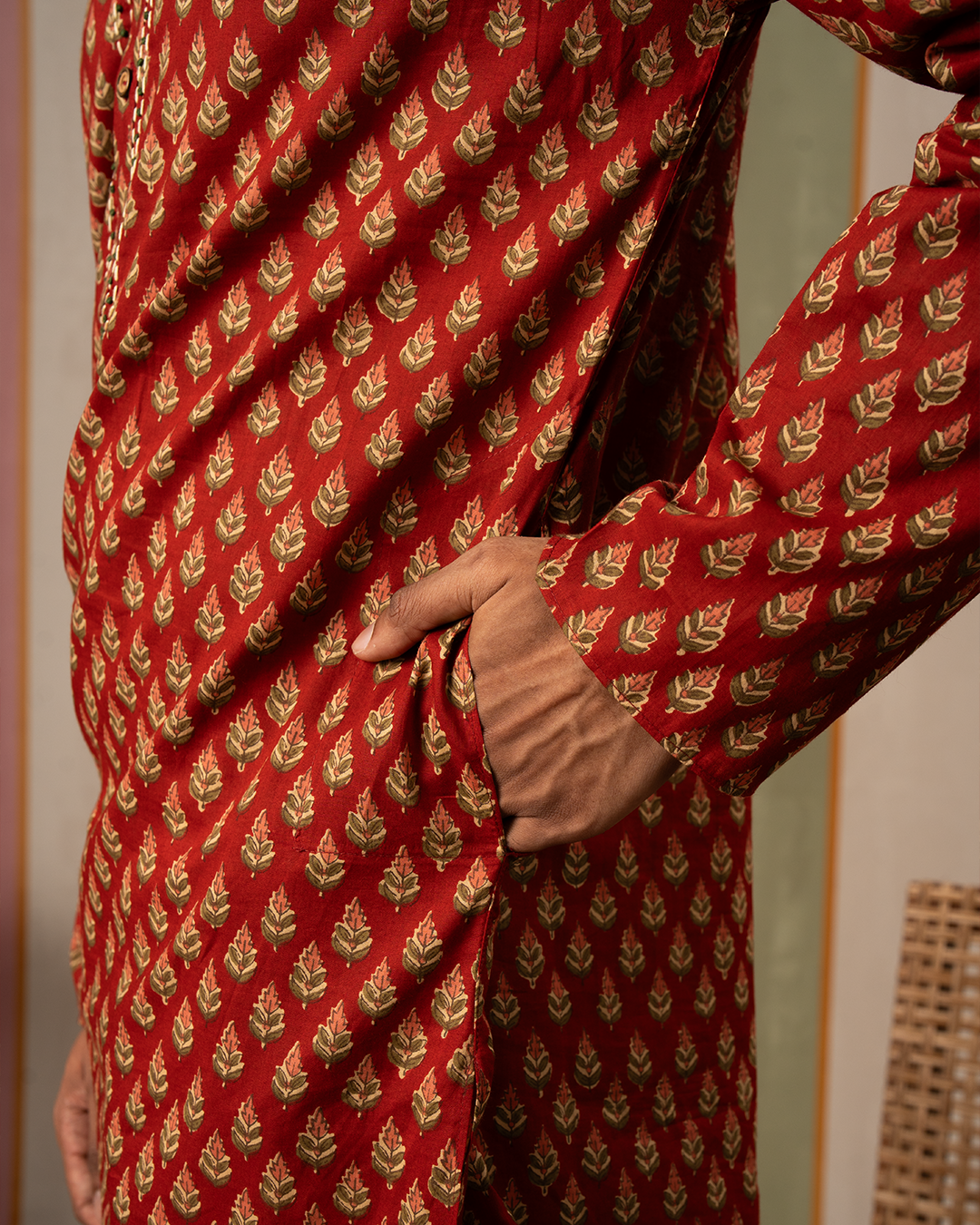 Red Blockprint Cotton Kurta With Embroidery