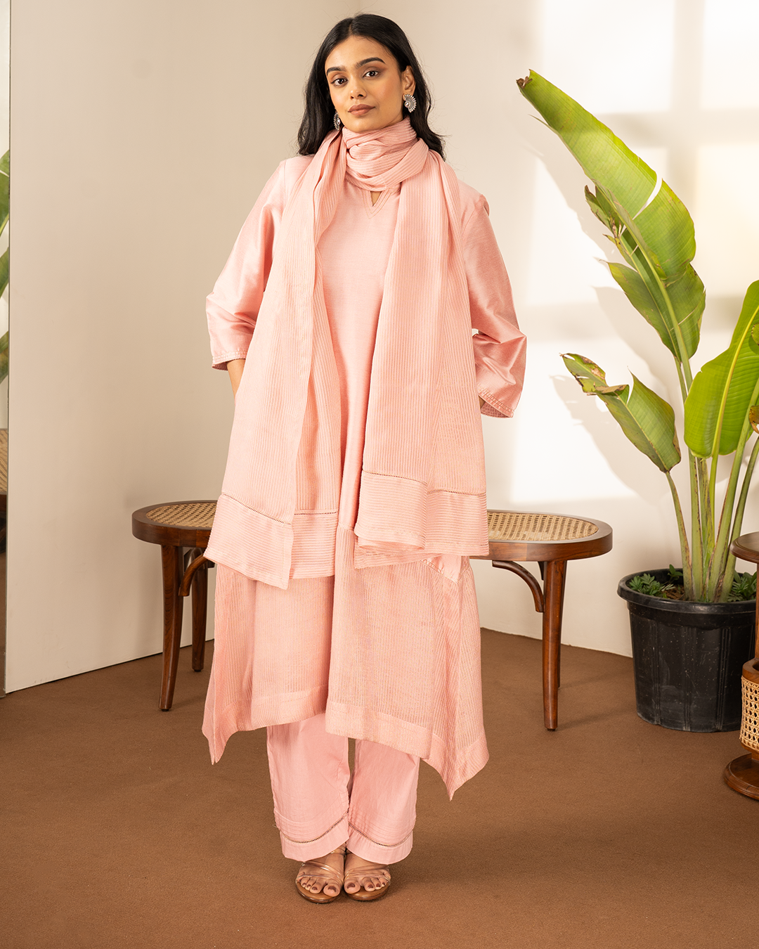 Pink Cotton Silk Tissue Kurta 3-Piece Set