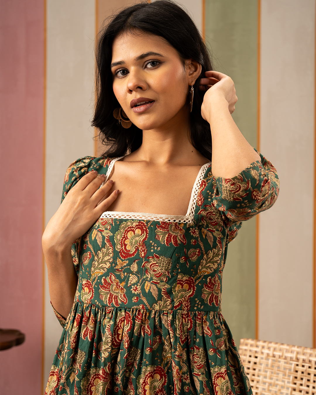 Green Blockprint Cotton A-Line Short Dress