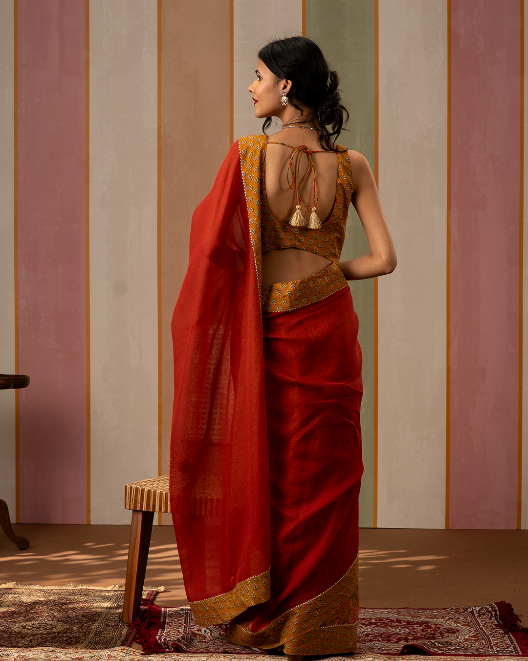 Red and Yellow Doria Blockprint Cotton Saree with Embroidery