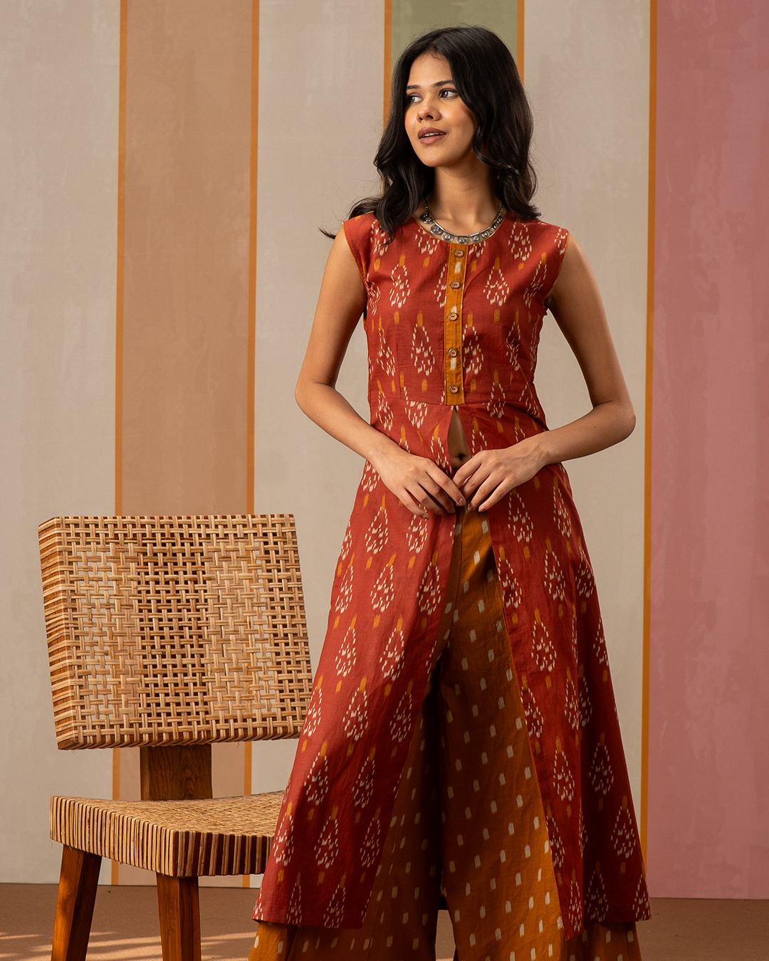 Rust and Mustard Ikat Printed Cotton Kurta