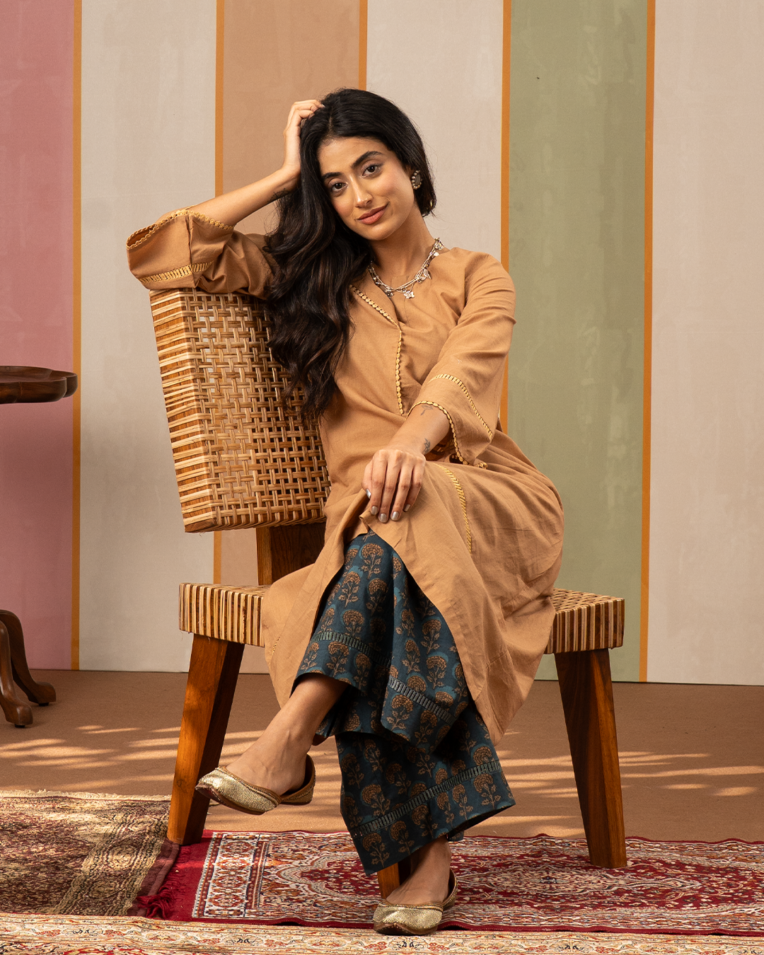 Brown and Blue Printed Cotton Kurta Set