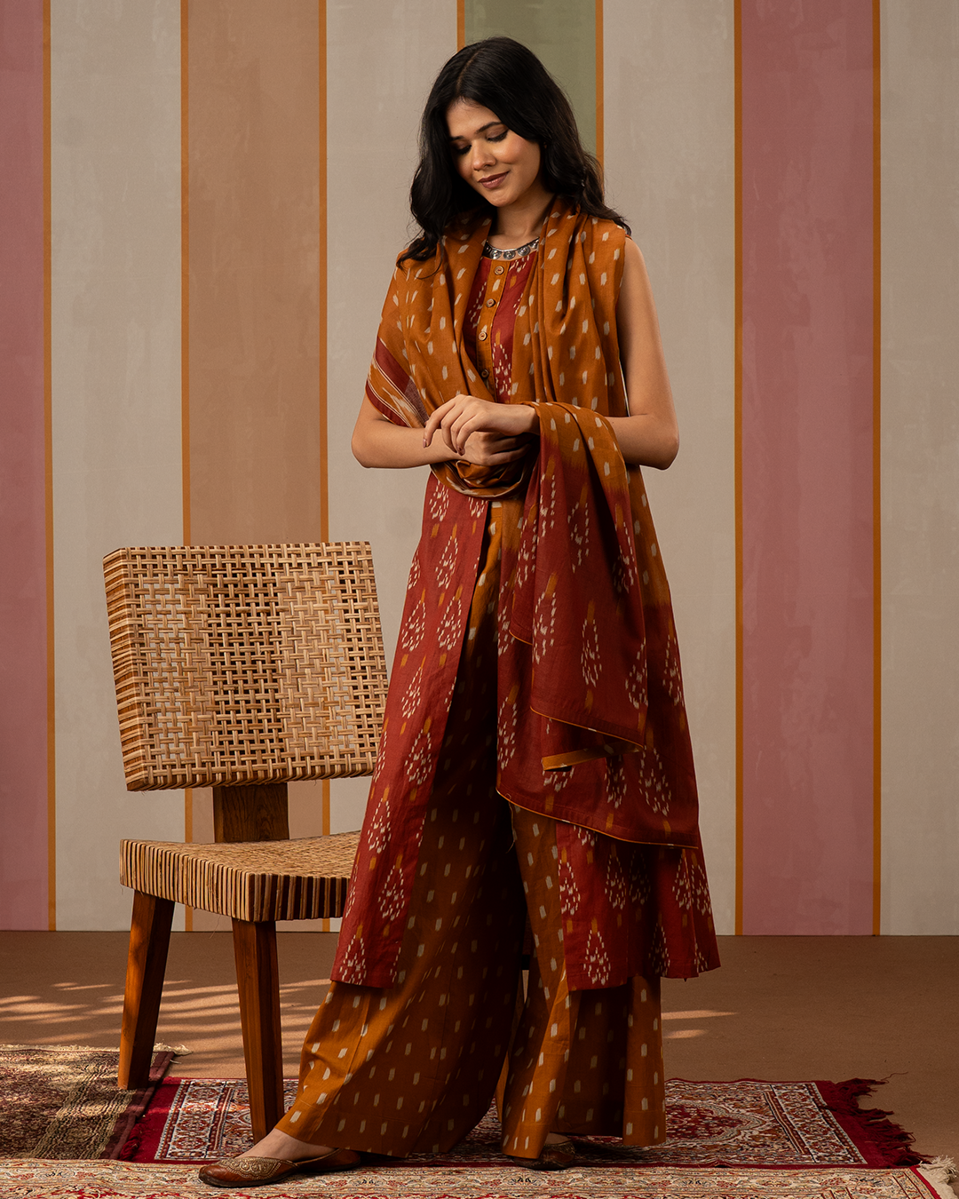 Rust and Mustard Ikat Cotton Printed Kurta Set