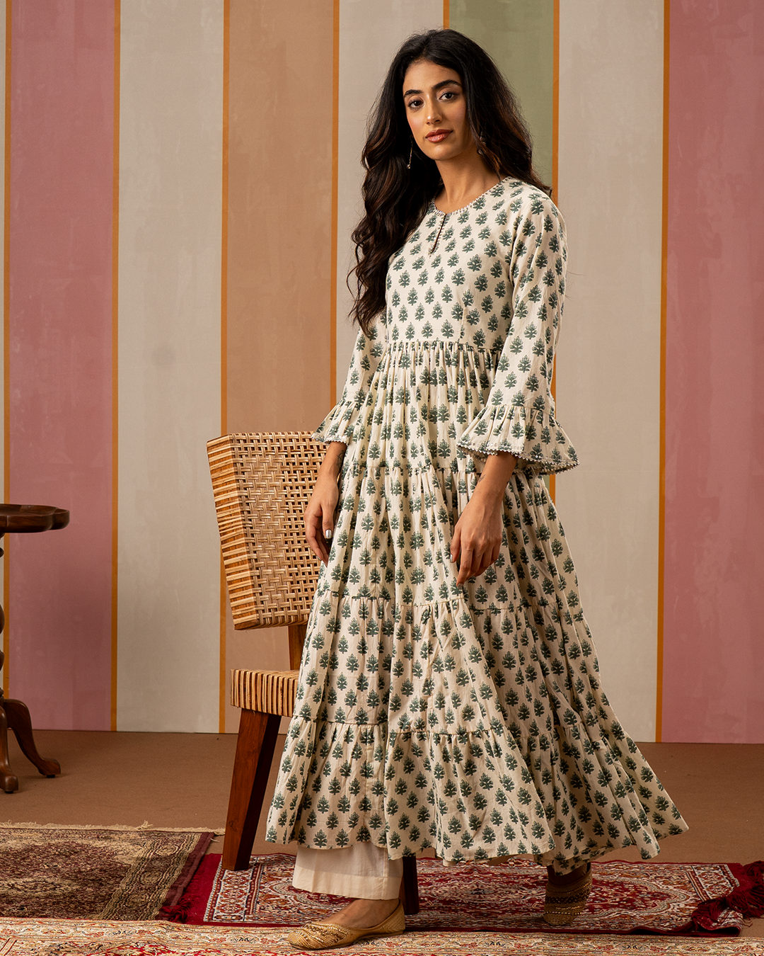 Sea Green and White Blockprint Flare Long Kurta