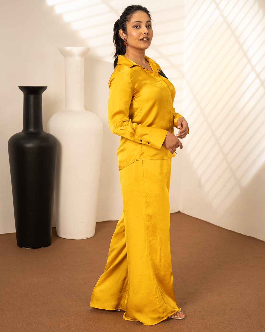 Ochre Yellow Satin Shirt Coord Set