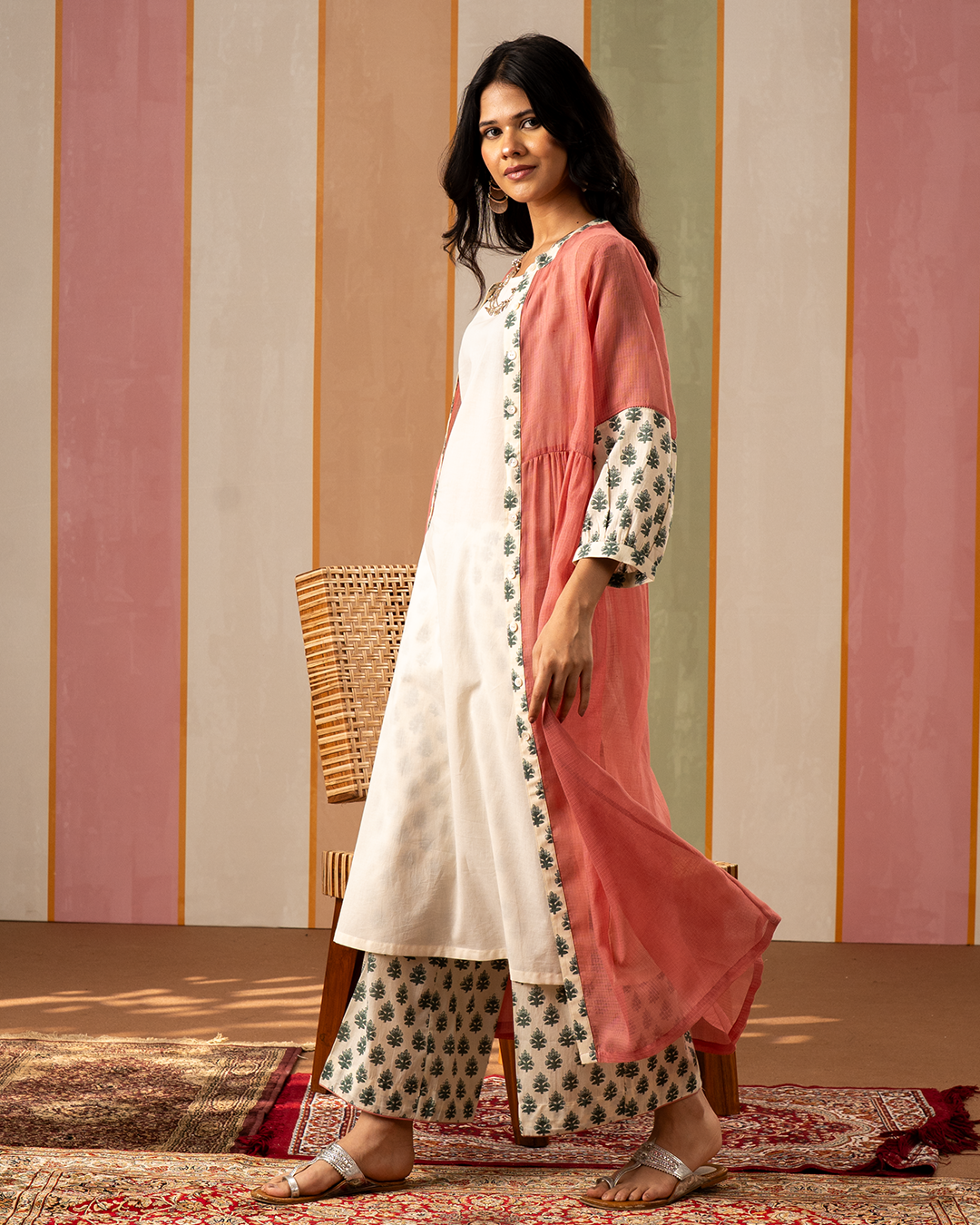 Pink and White Cotton Doria Kurta