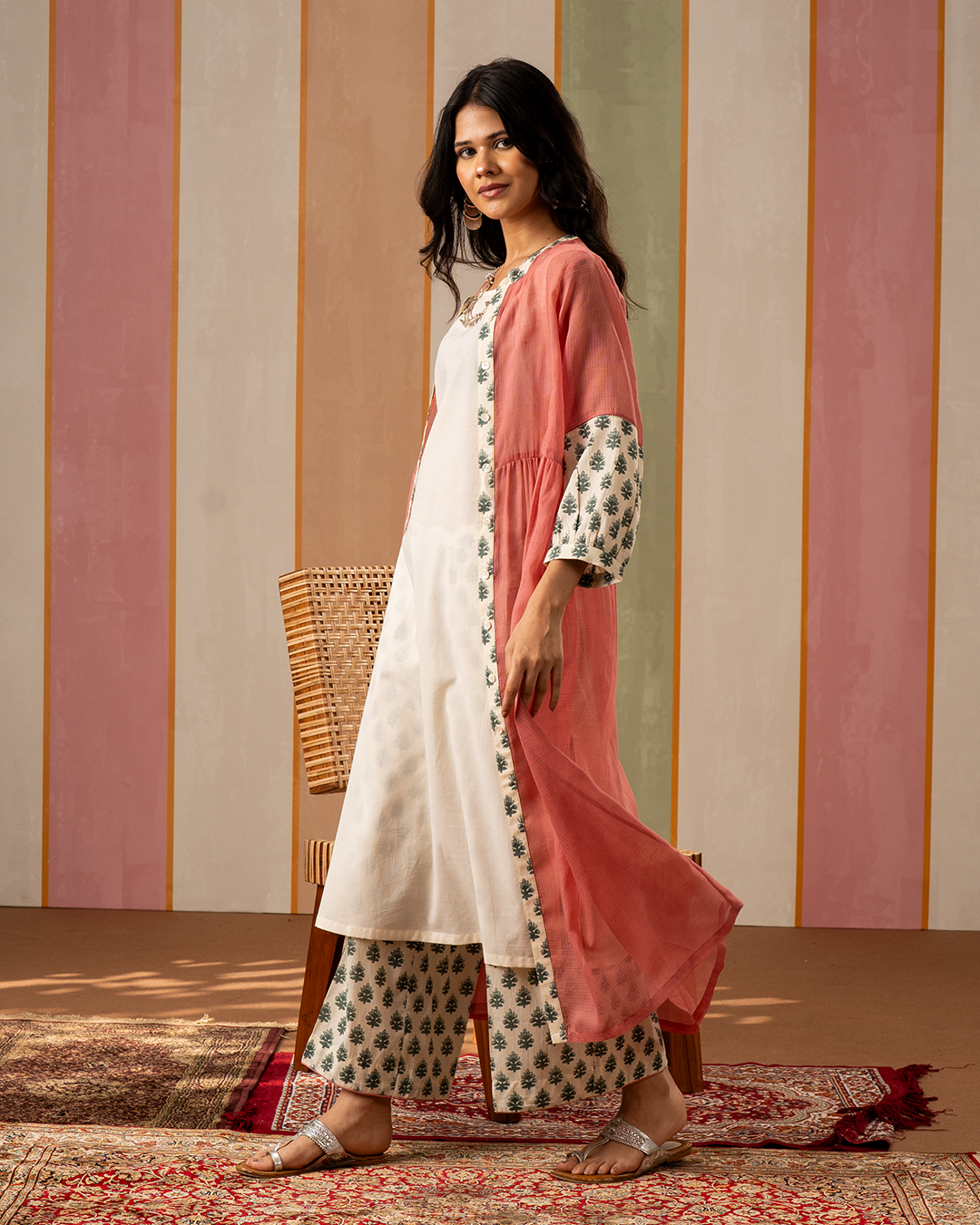 Pink and White Printed Cotton Doria Kurta Set