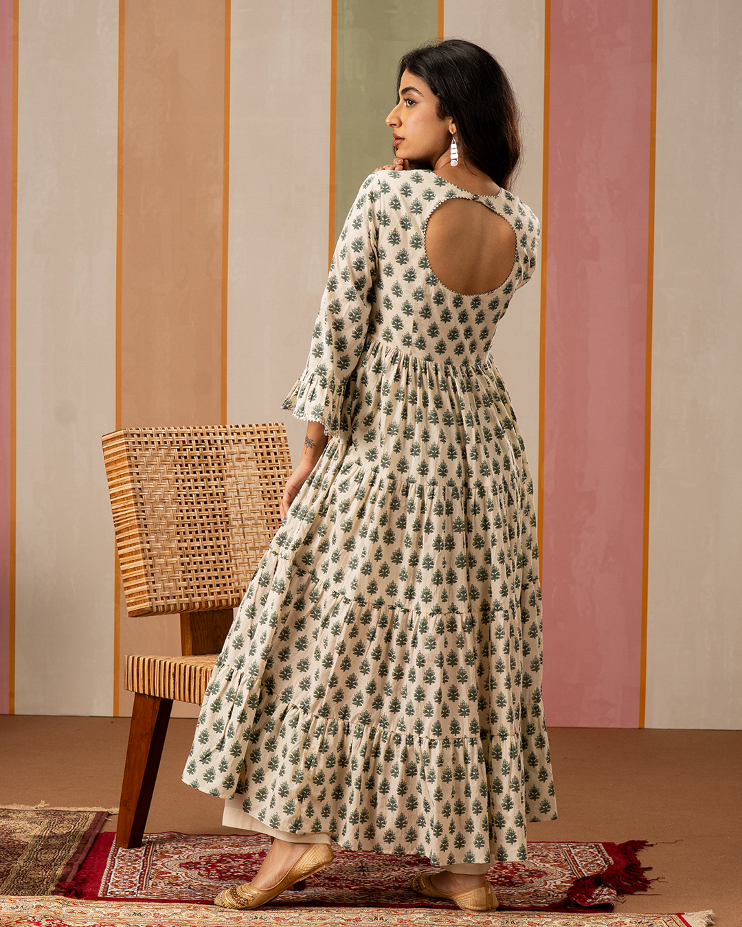 Sea Green and White Printed Flare Long Kurta Set