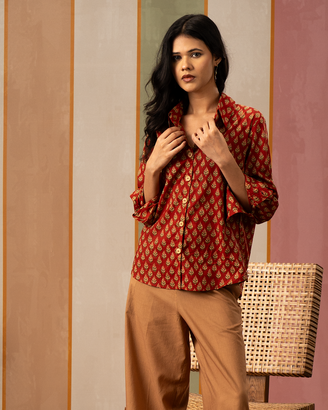 Red Blockprint Womens Cotton Shirt