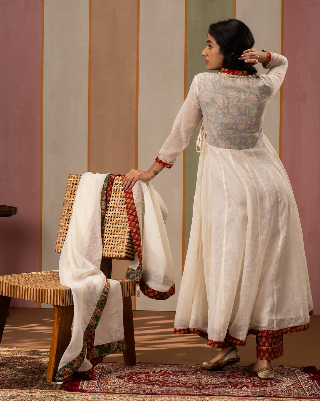 Off White Solid Doria Angrakha Kurta