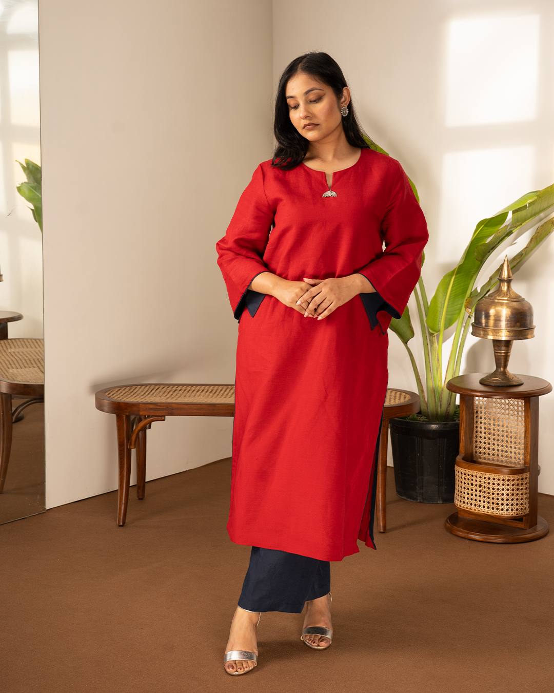 Red Blue Linen Asymmetrical Kurta Set