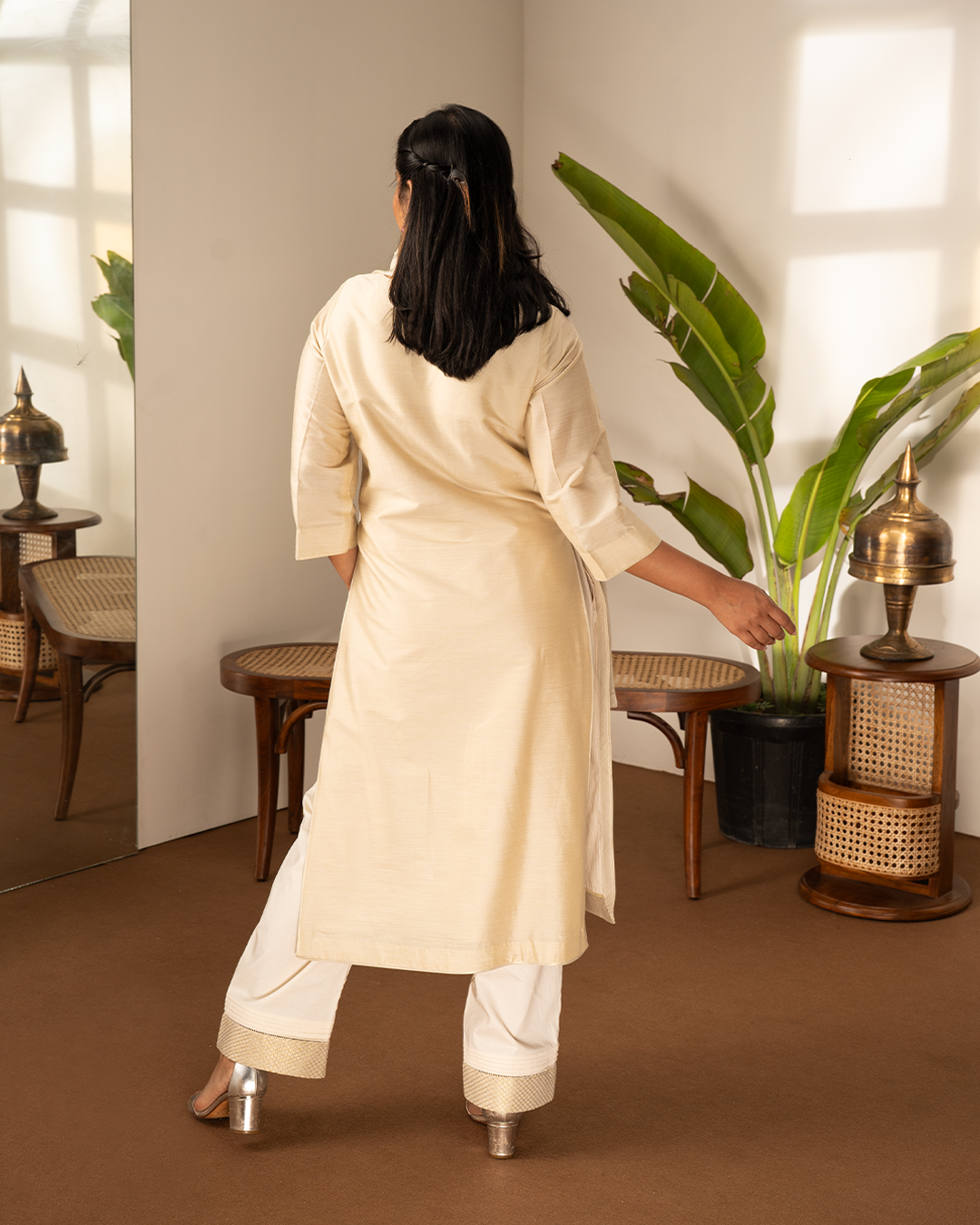 Beige Cotton Silk Tissue Kurta 3-Piece Set