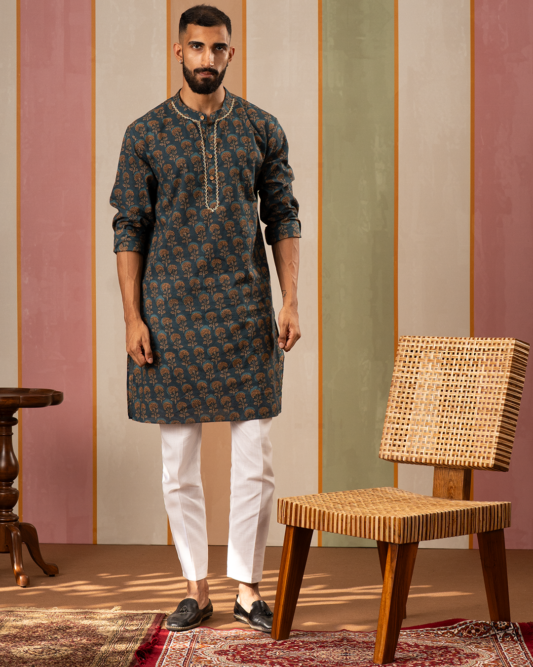 Blue Blockprint Cotton Kurta With Embroidery