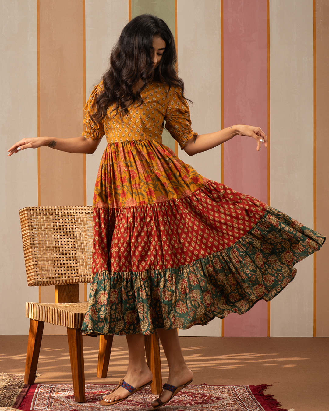 Multicolour Blockprint Cotton Flare Midi Dress