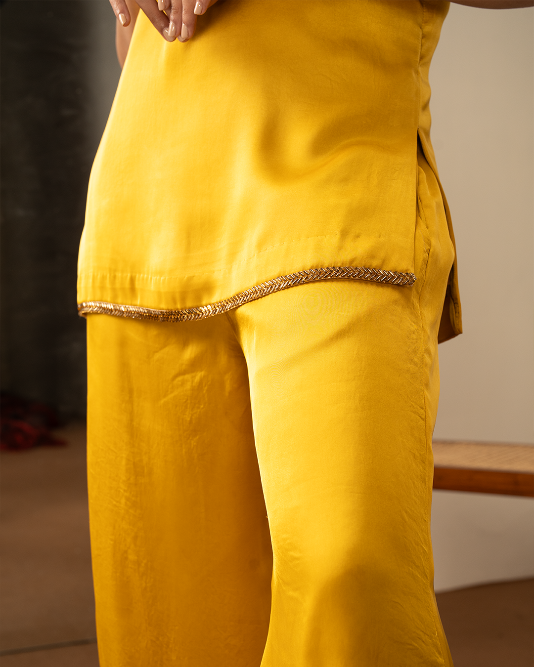 Ochre Yellow Satin Indowestern Kurta